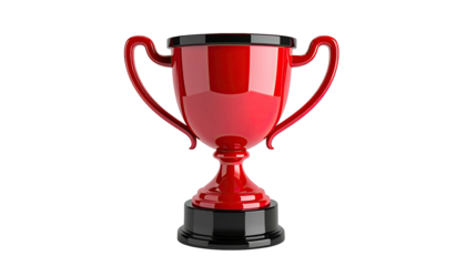 Gleaming red trophy with handles sits against a black backdrop