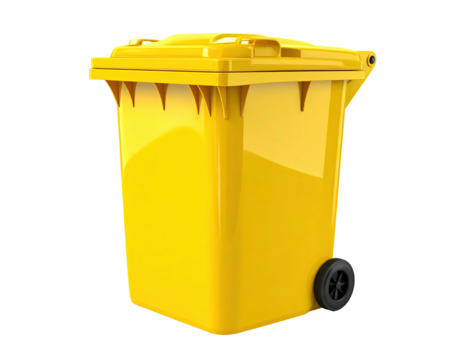 Bright yellow wheeled recycle bin with lid on black background