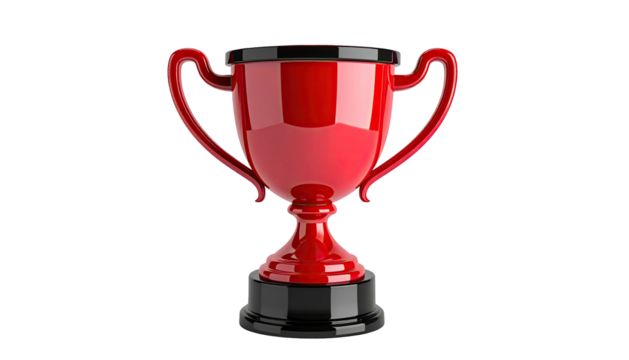 Gleaming red trophy with handles sits against a black backdrop