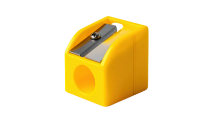 A bright yellow, single-hole pencil sharpener on black
