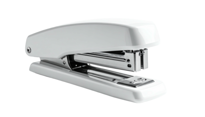 White, metal stapler angled slightly against a black background