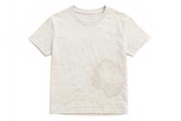 Off-white t-shirt with a noticeable wet stain and wrinkles, clean clothing depicting laundry issues, transparent background
