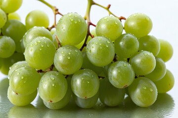 Frische gr&uuml;ne Trauben / Weintrauben mit Wassertropfen auf wei&szlig;em Hintergrund