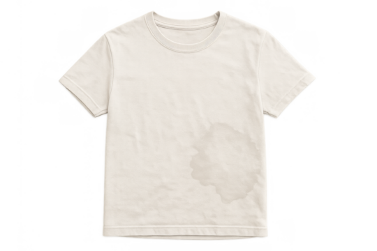 Off-white t-shirt with a noticeable wet stain and wrinkles, clean clothing depicting laundry issues, transparent background