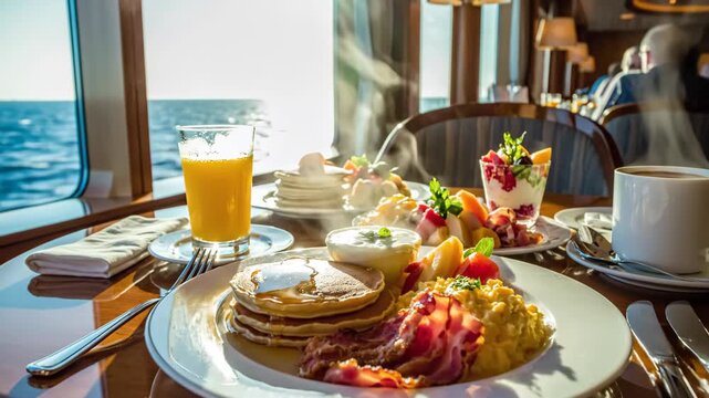 Luxury cruise breakfast with pancakes, bacon, eggs, juice, and beautiful ocean view.