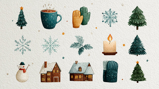 Watercolor scandinavian christmas ornaments clip art. Winter farmhouse illustration. Christmas tree, pillow, garland, firewood basket, vintage lantern, socks, bubbles, candle.