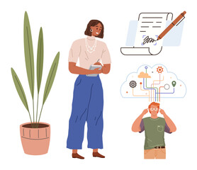 Woman writing on a clipboard near a potted plant, a signed contract, and a man conceptualizing creative ideas with cloud visuals. Ideal for planning, creativity, teamwork, analysis, education