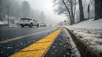 Road with Yellow Line and Snowfall low angle shot