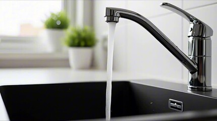 A close-up shot of running water pouring from a modern kitchen faucet into a sleek black sink, highlighting domestic utility and cleanliness