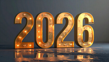 Illuminated golden numbers 2026 with light bulbs create festive and celebratory atmosphere, casting reflections on smooth surface. warm glow adds sense of anticipation and excitement