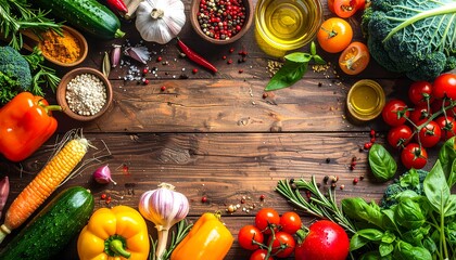 Overhead shot of fresh vegetables, herbs, spices and oils artfully arranged on a rustic, brown wooden surface