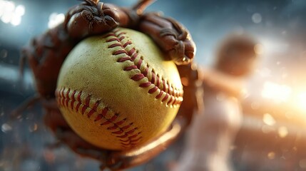 Softball pitcher hand releasing fastball concept. Dynamic action shot of a softball in motion by a player.