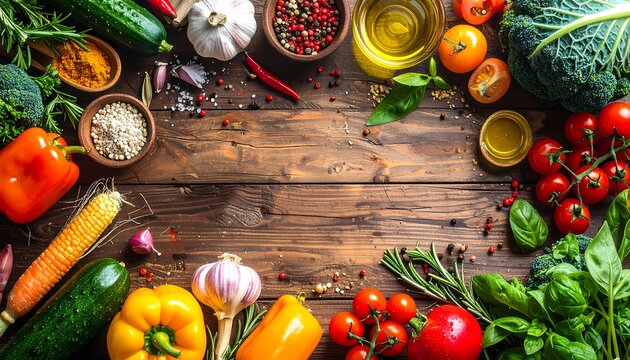 Overhead shot of fresh vegetables, herbs, spices and oils artfully arranged on a rustic, brown wooden surface