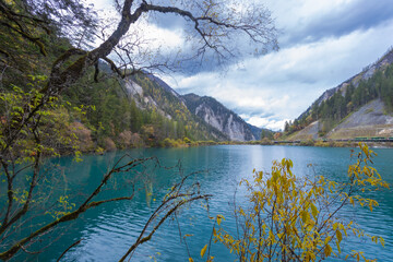 Beautiful nature in late October autumn, on the way to Arrow Bamboo Lake Waterfall, Jiuzhaigou National Park, Sichuan China