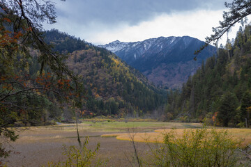 Beautiful nature in late October autumn, on the way to Arrow Bamboo Lake Waterfall, Jiuzhaigou National Park, Sichuan China