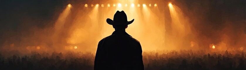 Spotlight behind country singer holding guitar concept. Silhouette of a cowboy against a vibrant concert backdrop.