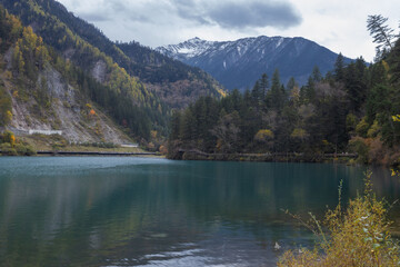 Beautiful nature in late October autumn, on the way to Arrow Bamboo Lake Waterfall, Jiuzhaigou National Park, Sichuan China