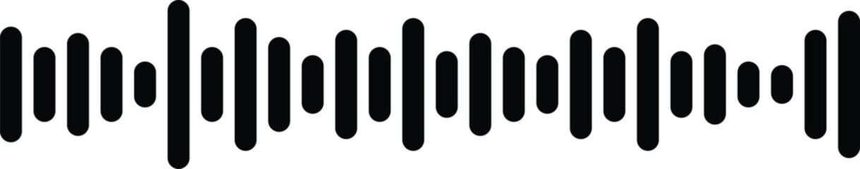 Black audio sound wave icon with vertical frequency bars representing voice, music, podcast, and digital sound  for media and technology design illustration.