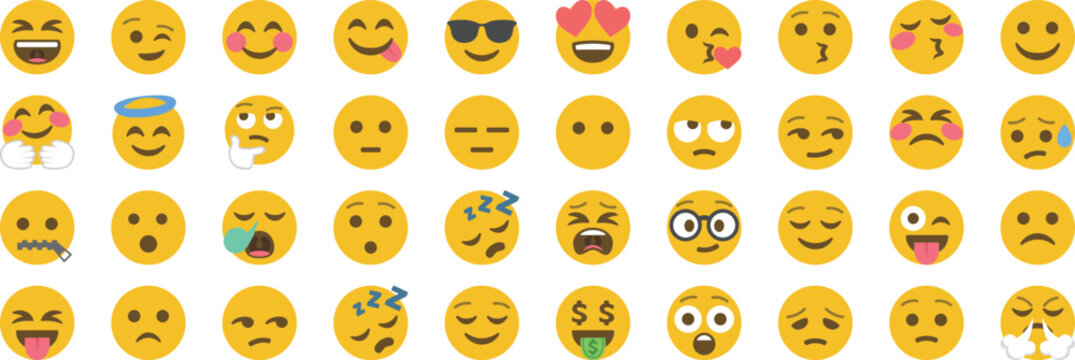 Collection of emoji faces showing different emotions like happy, sad, angry, love, tired, funny, and surprised for chat, message, and social media illustration design.