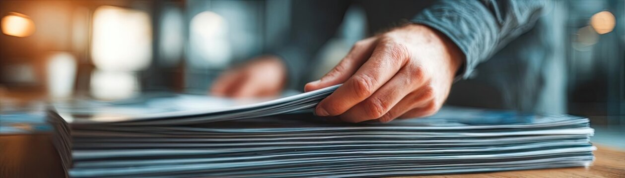 Hands flipping marketing brochures close-up concept. A hand flipping through a stack of magazines in a cozy setting.