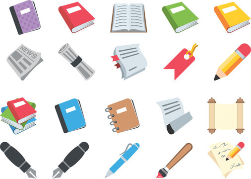 Collection of  stationery icons including books, notebooks, pens, pencils, scrolls, and newspapers for education, writing, office, and study illustration design concept.