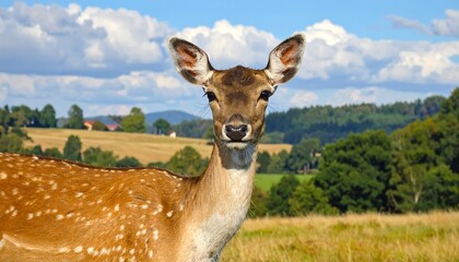 Naklejka premium A deer with spotted fur looks directly at the camera, set against a backdrop of rolling hills, fields, and a bright blue sky