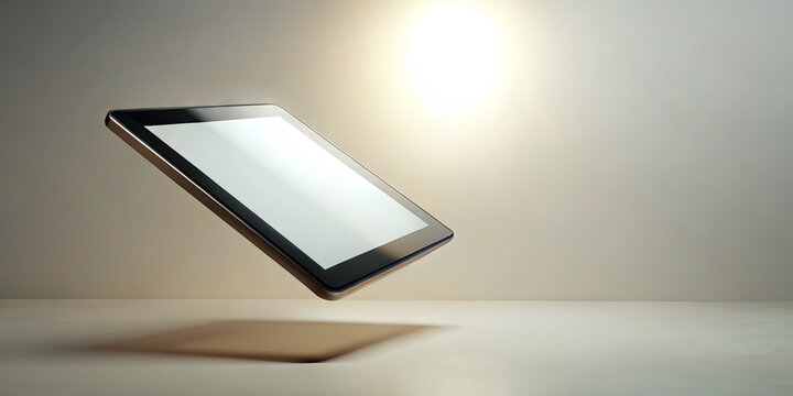 A tablet is hovering above a smooth surface, illuminated by a warm light. The background is minimalistic, highlighting the tablet's sleek design and modern look