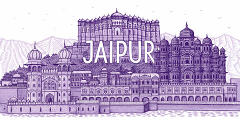 Jaipur Skyline Sketch with Amber Fort, Hawa Mahal, City Palace and Jal Mahal – Hand Drawn Cultural Art for Travel Poster, Souvenir and Tourism Branding