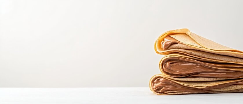 Stacked crepes filled with chocolate spread. Sweet gluten free low carb dessert on a white surface. Tasty breakfast, brunch or snack.