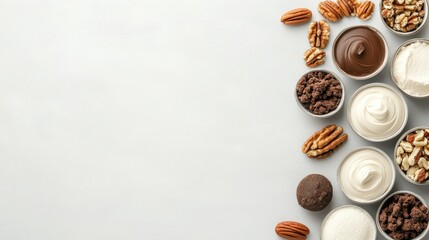 Assortment of gluten free low carb dessert ingredients on light surface. Nuts, chocolate, cream, and other sweet components in small bowls.