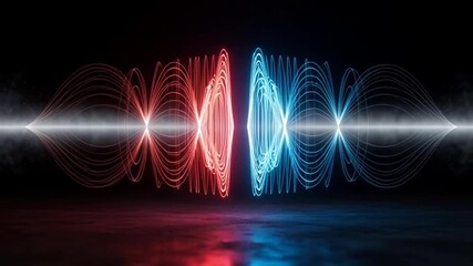 Experience dynamic energy with vibrant red and blue sound waves pulsating against a sleek black backdrop, perfect for conveying modern technology and innovative design in motion - Powered by Adobe