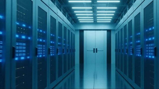 Modern data center hallway with rows of servers and blue glowing lights