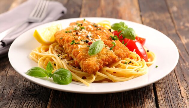 Plate of pasta with breaded meat and fresh tomatoes. Garnished with basil and lemon. Served on a white plate