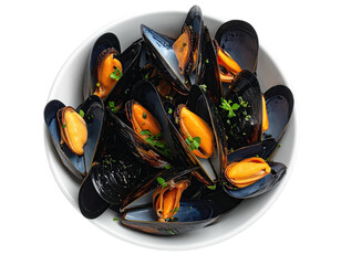 Steamed mussels in a white bowl, garnished with fresh herbs
