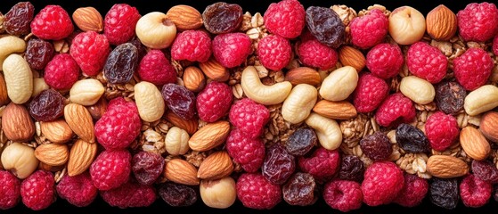 Overhead view of a mixture of raspberries, raisins, cashews and almonds. Nuts and fruits for gluten-free and low-carb desserts.
