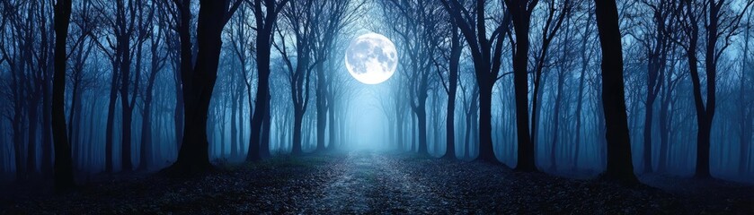 Epic spooky night with full moon misty sky concept. A haunting forest scene under a full moon with fog.