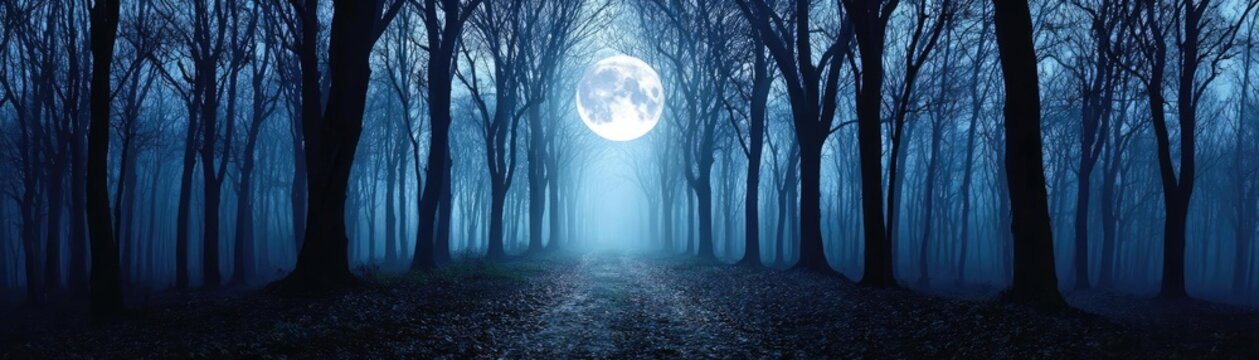 Epic spooky night with full moon misty sky concept. A haunting forest scene under a full moon with fog.