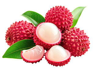 Pile of lychees, cut to reveal translucent fruit, green leaves