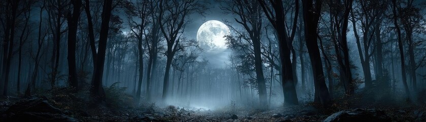 Naklejka premium Epic spooky night with full moon misty sky concept. A spooky forest under a full moon, creating eerie shadows and light.