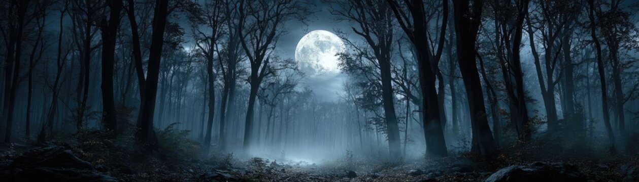 Epic spooky night with full moon misty sky concept. A spooky forest under a full moon, creating eerie shadows and light.
