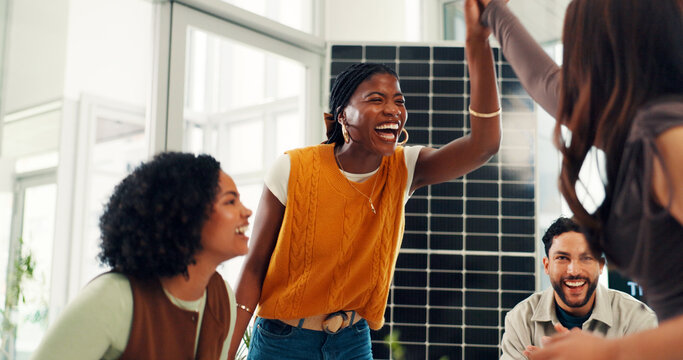 High five, smile or team in office with solar panel, applause or approval of green business project. Win, group or people in agency with success, achievement or good news for renewable energy pitch