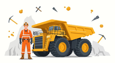 Naklejka premium Flat vector full body faceless mining worker standing beside a giant yellow haul truck
