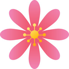 A single isolated stylized pink flower with a yellow center and eight petals and a transparent background as a vector illustration