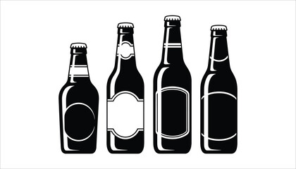 Four black silhouette beer bottles with white labels and caps on a white background black and white beverage