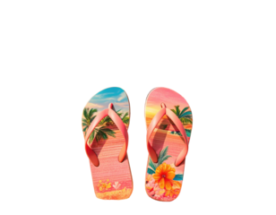 Tropical themed flip-flops on a black background