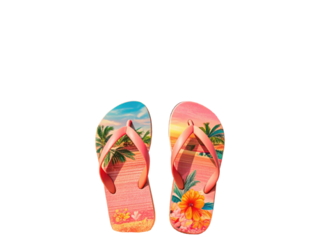 Tropical themed flip-flops on a black background