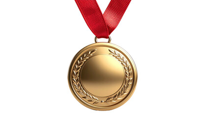 Shiny gold medal hung on red ribbon, set on black background