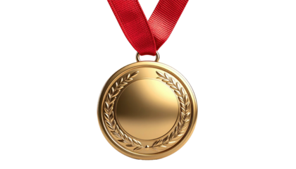 Shiny gold medal hung on red ribbon, set on black background