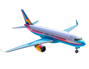 Colorful plane against black, side view, wings outspread