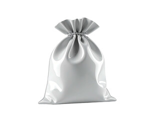 Tied, glossy white sack; crumpled top